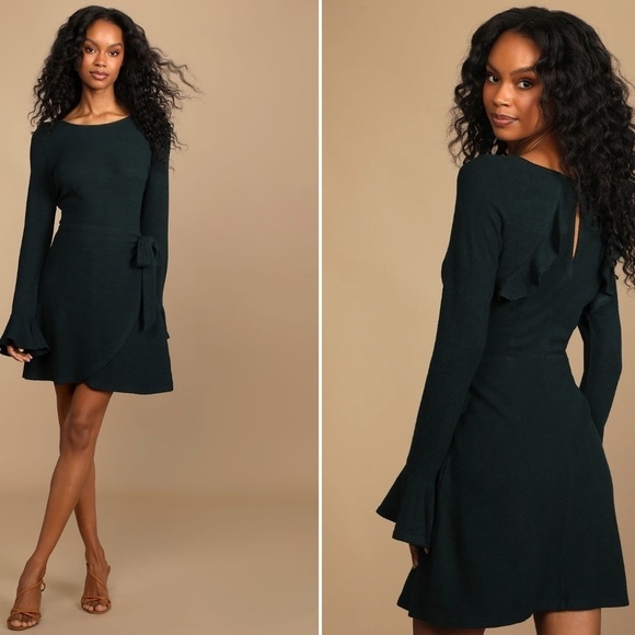 LULUS Sexy Boho Bohemian Long Sleeve Knit Faux Wrap Mini Dress NWT - Picture 1 of 3
